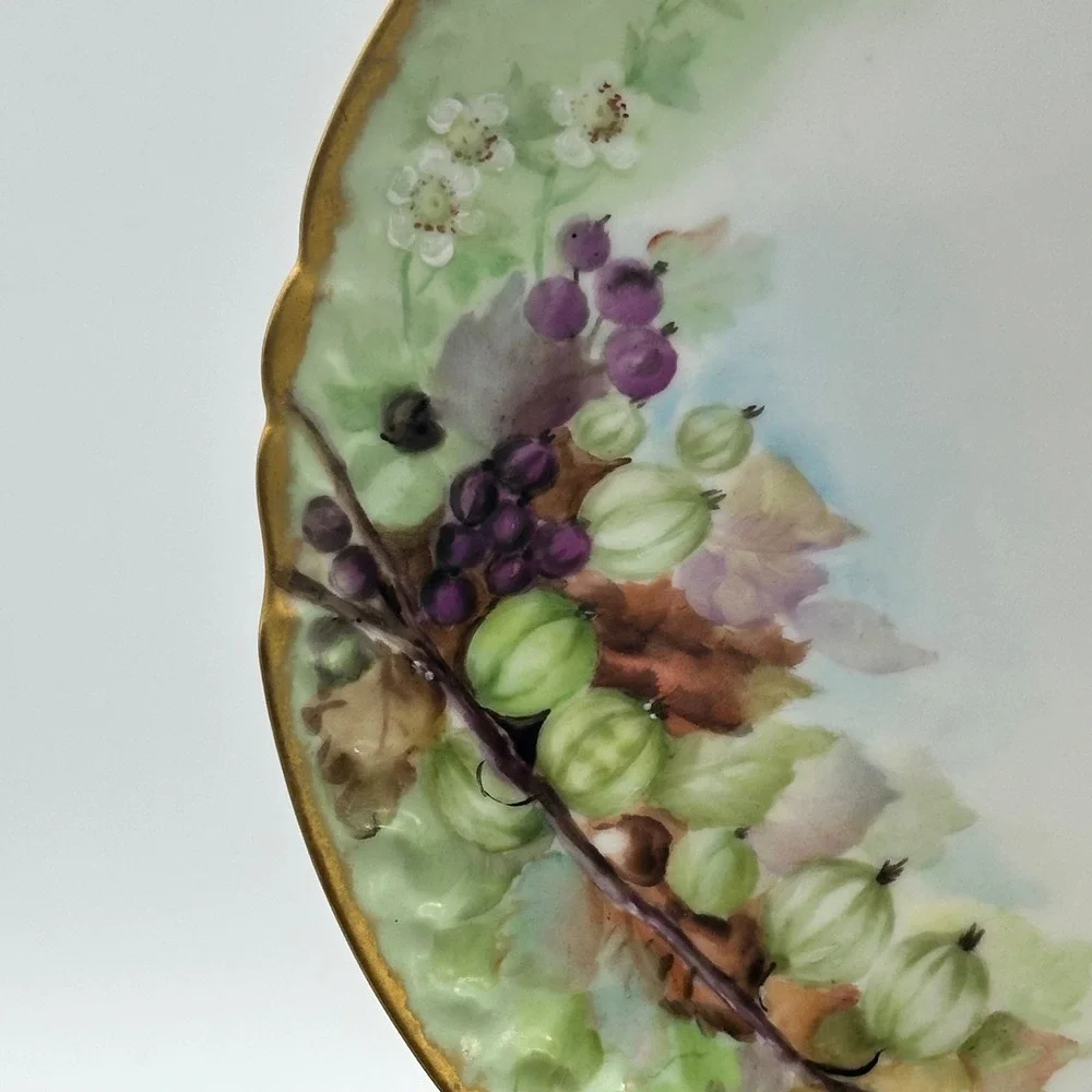Antique J.P. L. France Limoges Hand Painted Berry Scalloped Gold Gilt Plate 8.5
